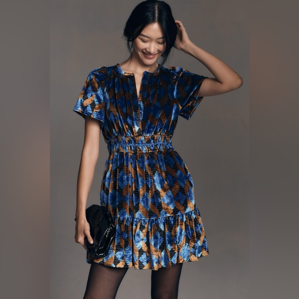 Anthropologie The Somerset Mini Dress Velvet Edition Blue Motif L